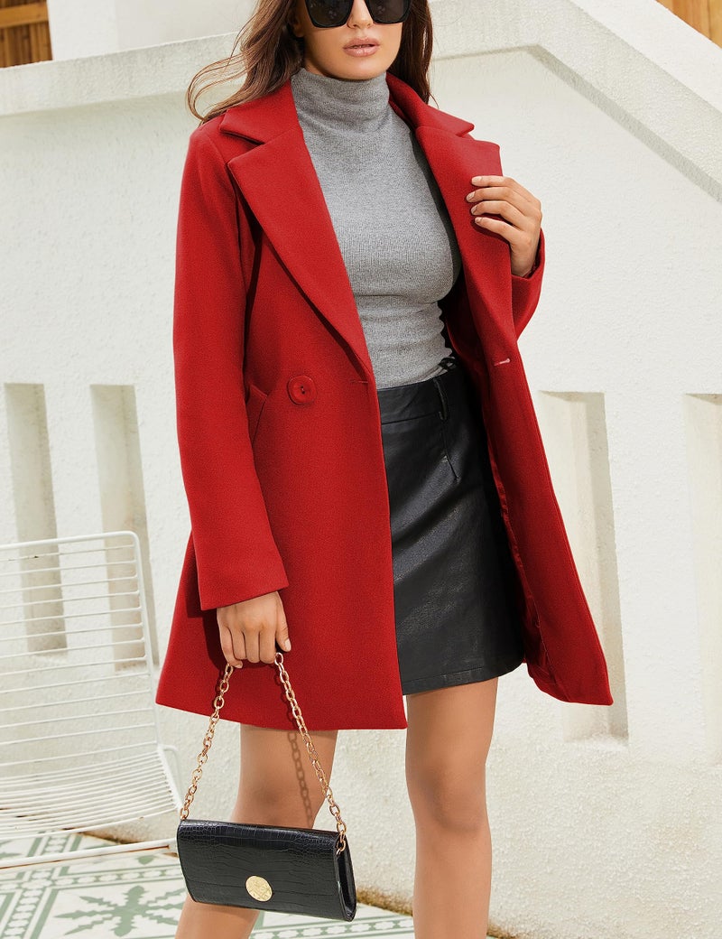 Springrain Women's Wool Pea Coat Notched Collar Double Breasted Midi Long Trench Coat Outwear (Red, S) - Image 4